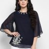 Women Pannkh | Women'S Embroidered Sheer Top - Pannkh Navy Blue