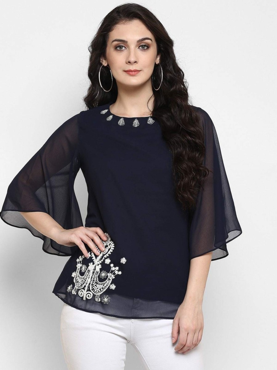 Women Pannkh | Women'S Embroidered Sheer Top - Pannkh Navy Blue