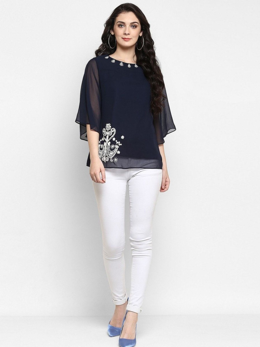 Women Pannkh | Women'S Embroidered Sheer Top - Pannkh Navy Blue