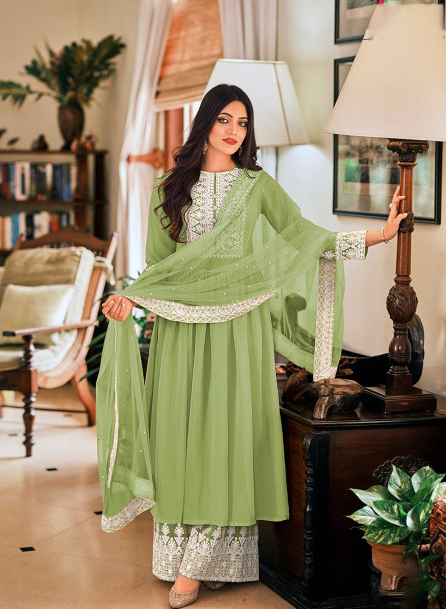 Women Monjolika | Women'S Light Green Embroidered Georgette Sharara Salwar Kameez - Monjolika