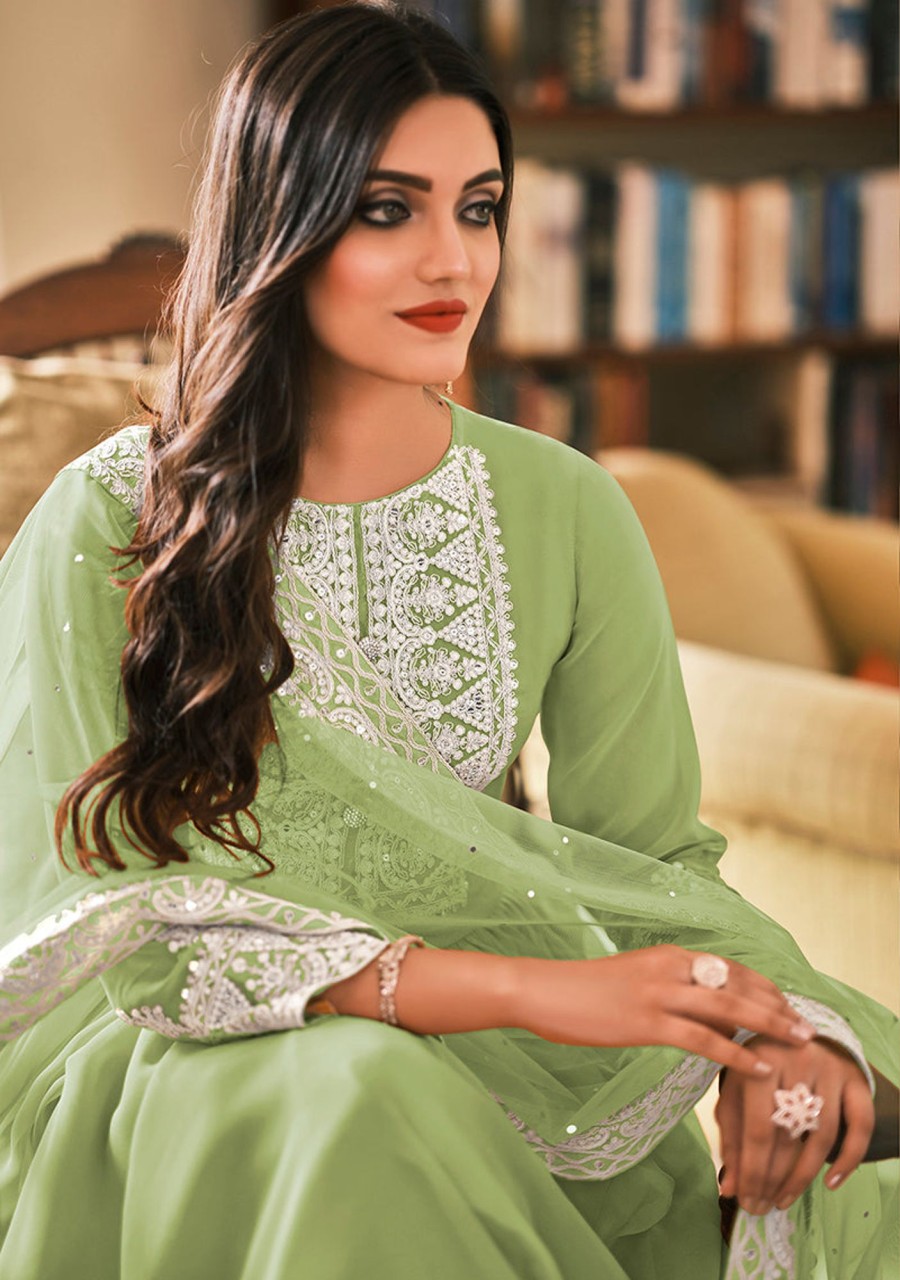 Women Monjolika | Women'S Light Green Embroidered Georgette Sharara Salwar Kameez - Monjolika