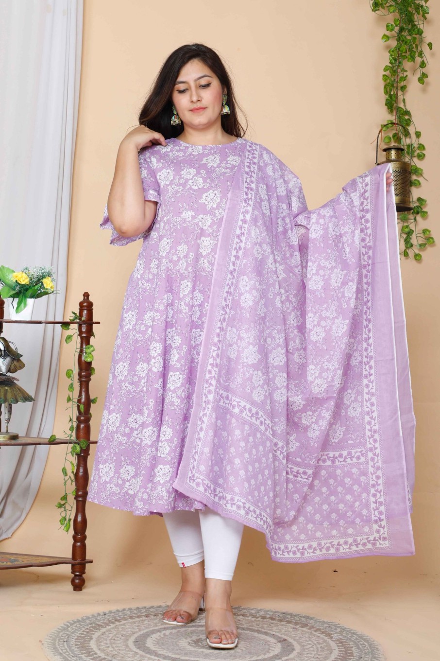 Women Miravan | Women'S Plus Size Floral Flared Sleeves Anarkali Kurta With Dupatta - Miravan Lavender