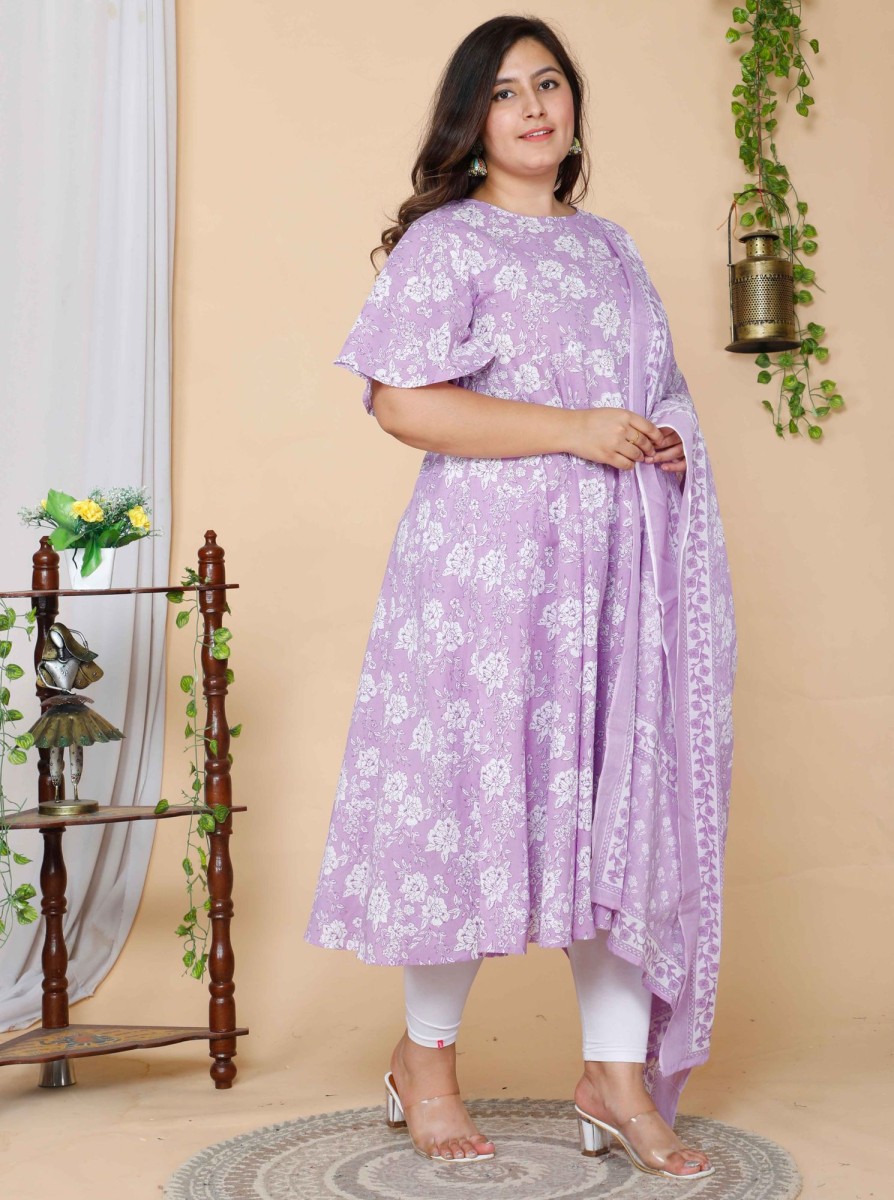 Women Miravan | Women'S Plus Size Floral Flared Sleeves Anarkali Kurta With Dupatta - Miravan Lavender