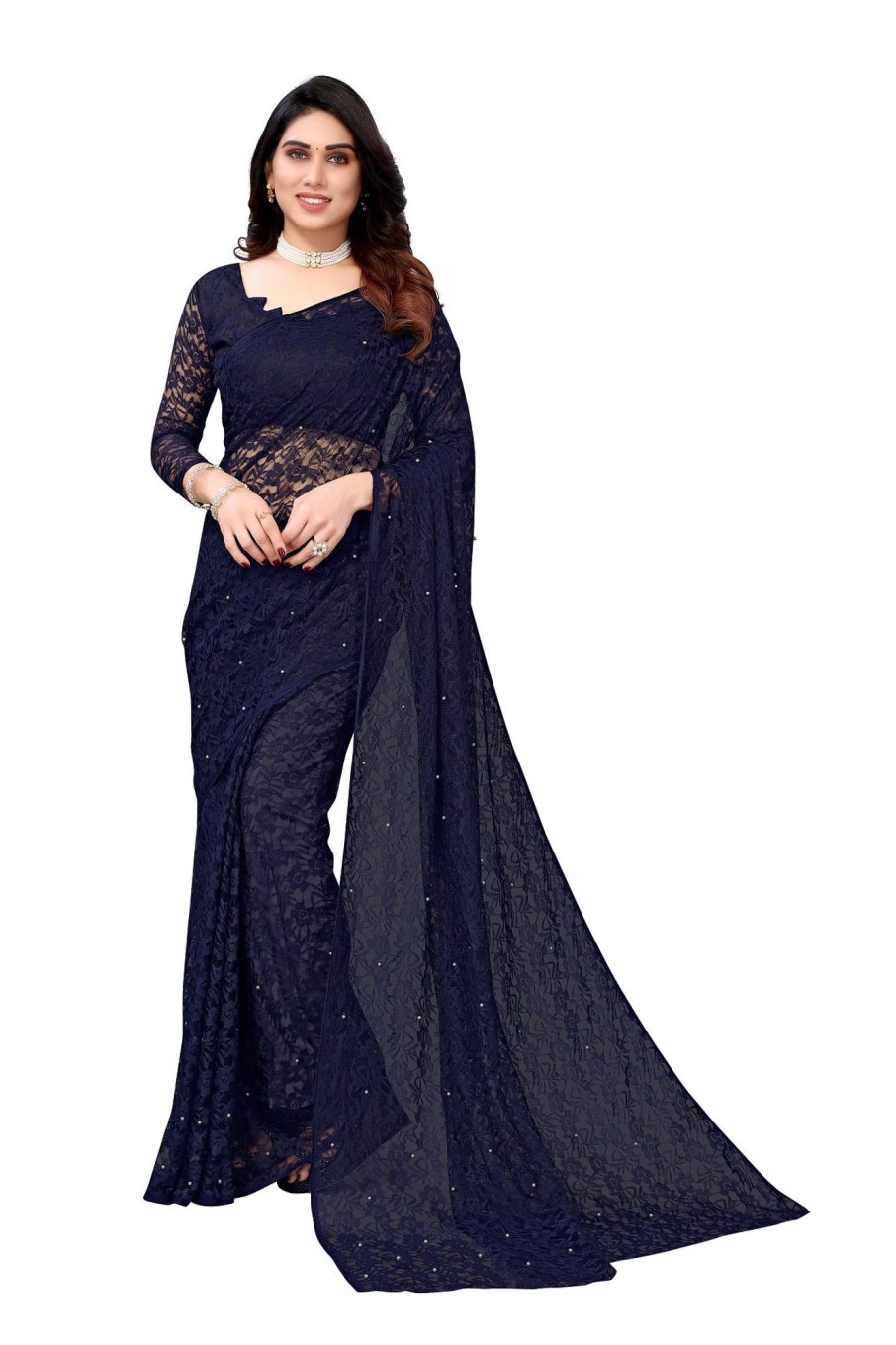 Women Vamika | Women'S Ethnic Fire Navy Pearls Net Saree - Vamika Blue