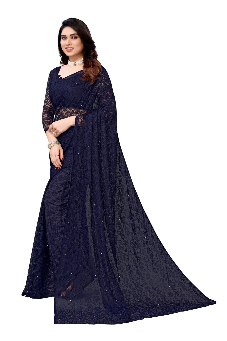 Women Vamika | Women'S Ethnic Fire Navy Pearls Net Saree - Vamika Blue