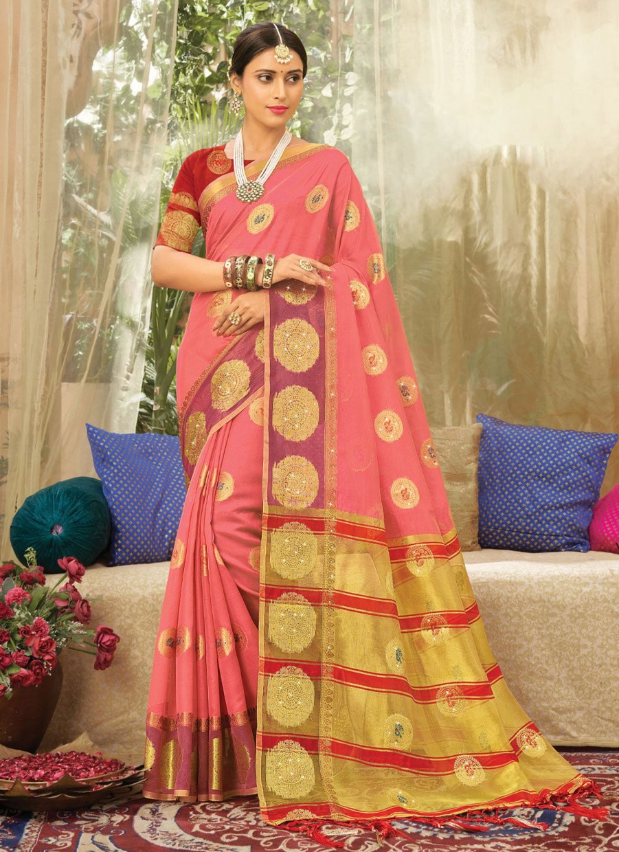 Women Sangam Prints | Women'S Light Organza Woven Zari Work Traditional Tassle Saree - Sangam Prints Pink