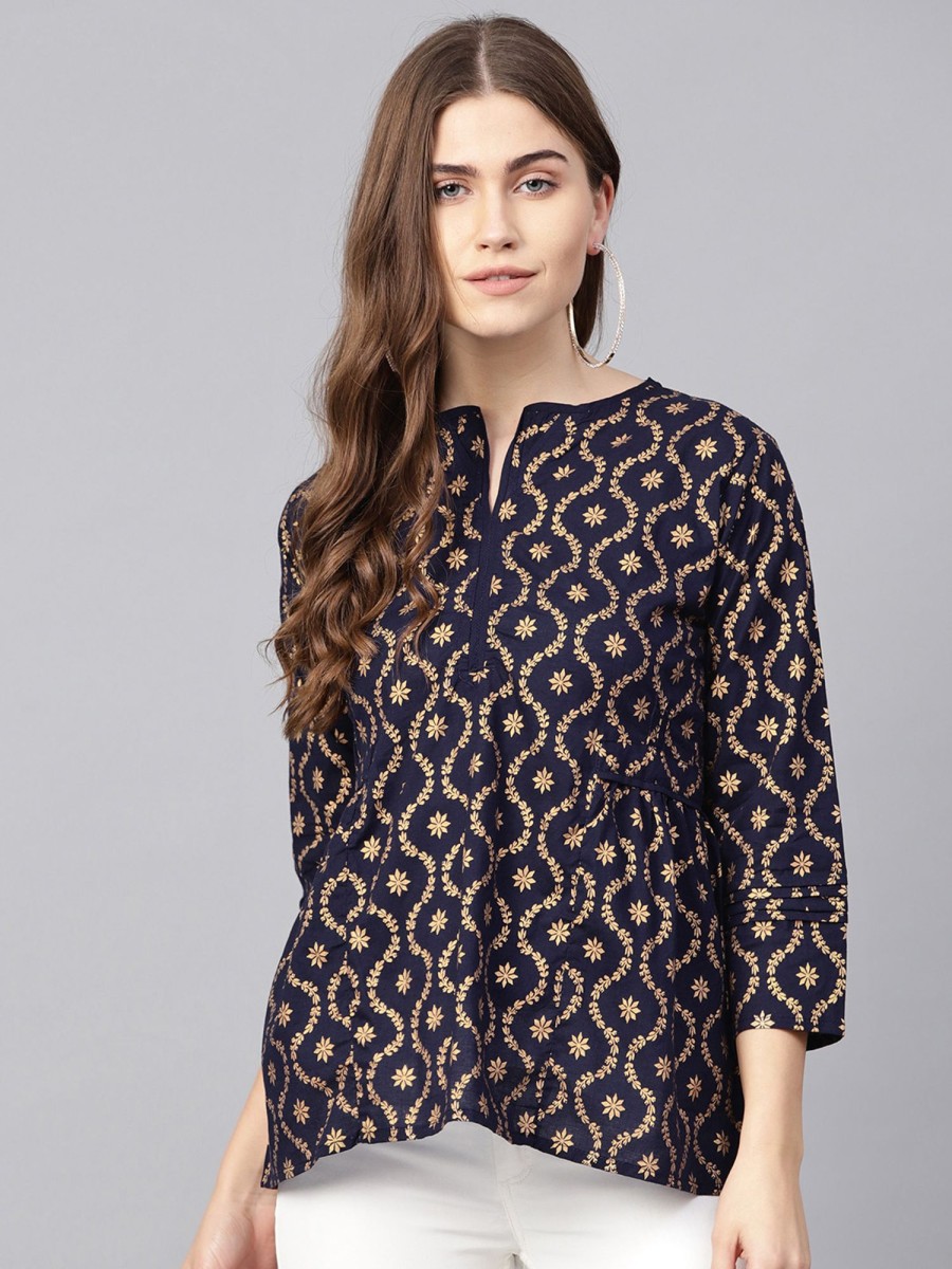 Women Wahe-NOOR | Women'S Navy Blue U0026 Golden Printed A-Line Top - Wahe-Noor