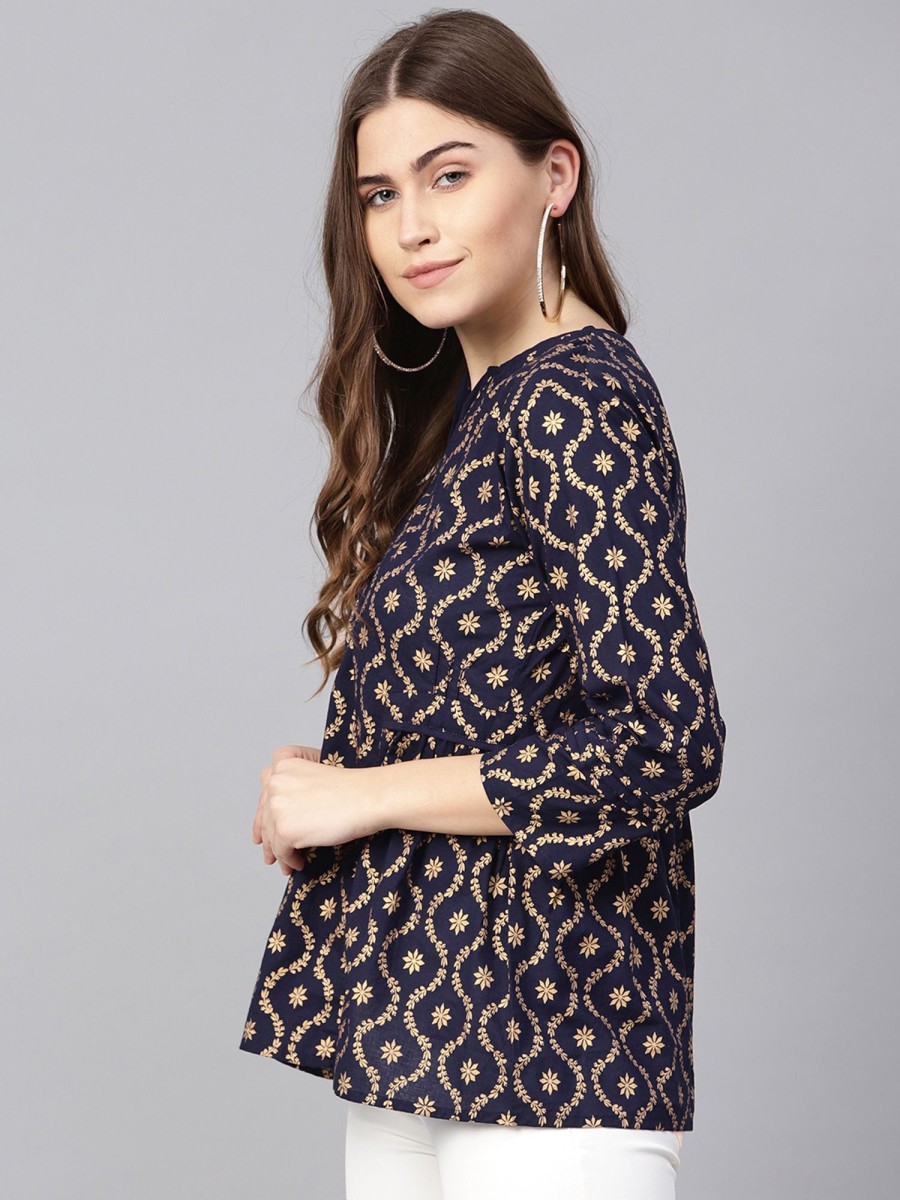 Women Wahe-NOOR | Women'S Navy Blue U0026 Golden Printed A-Line Top - Wahe-Noor