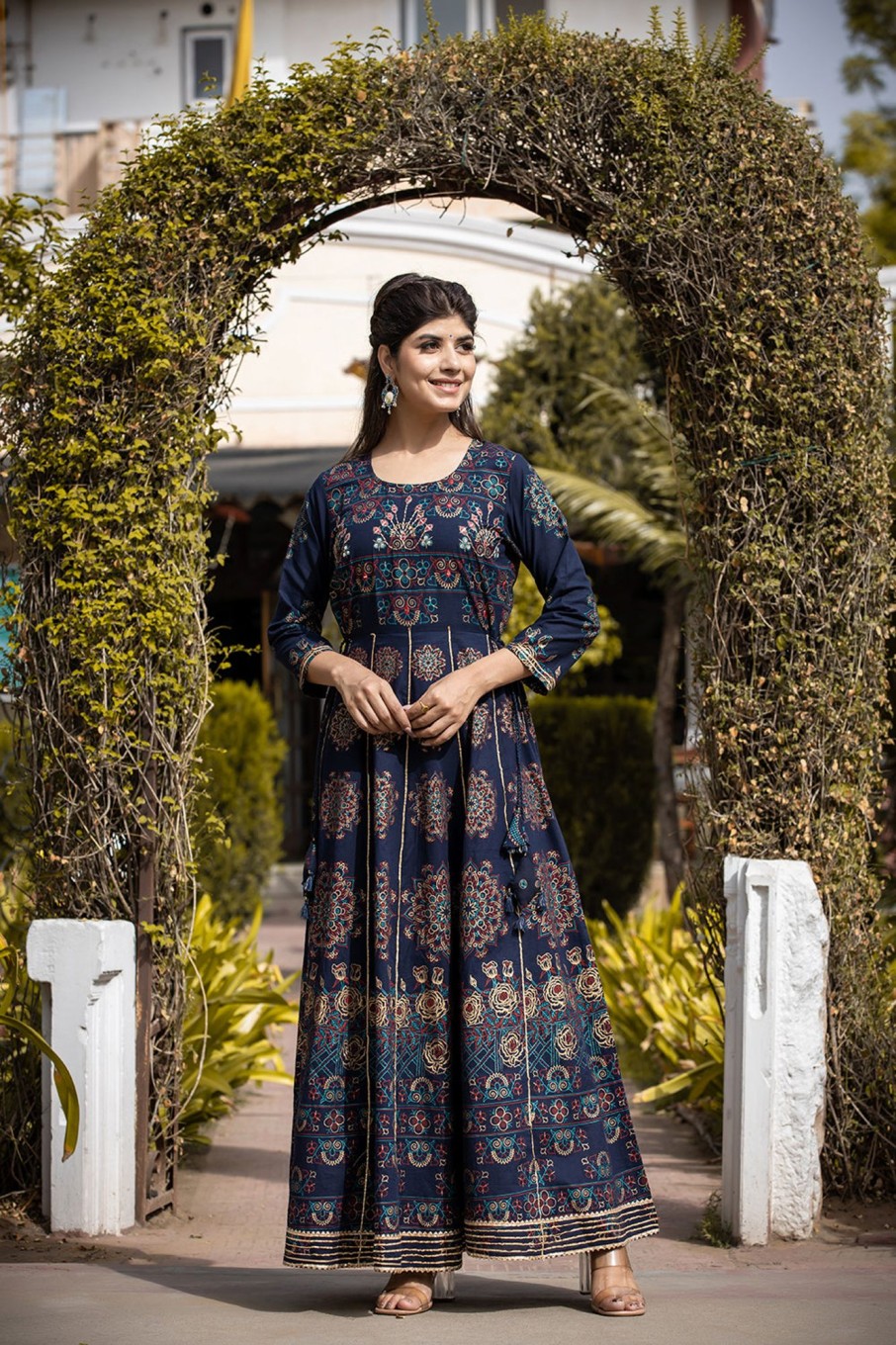 Women KAAJH | Women'S Gold Printed Ethnic Gown - Kaajh Blue