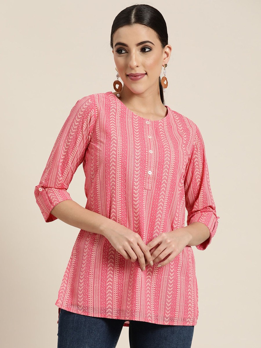 Women Juniper | Women'S Georgette Printed High-Low Tunic - Juniper Pink