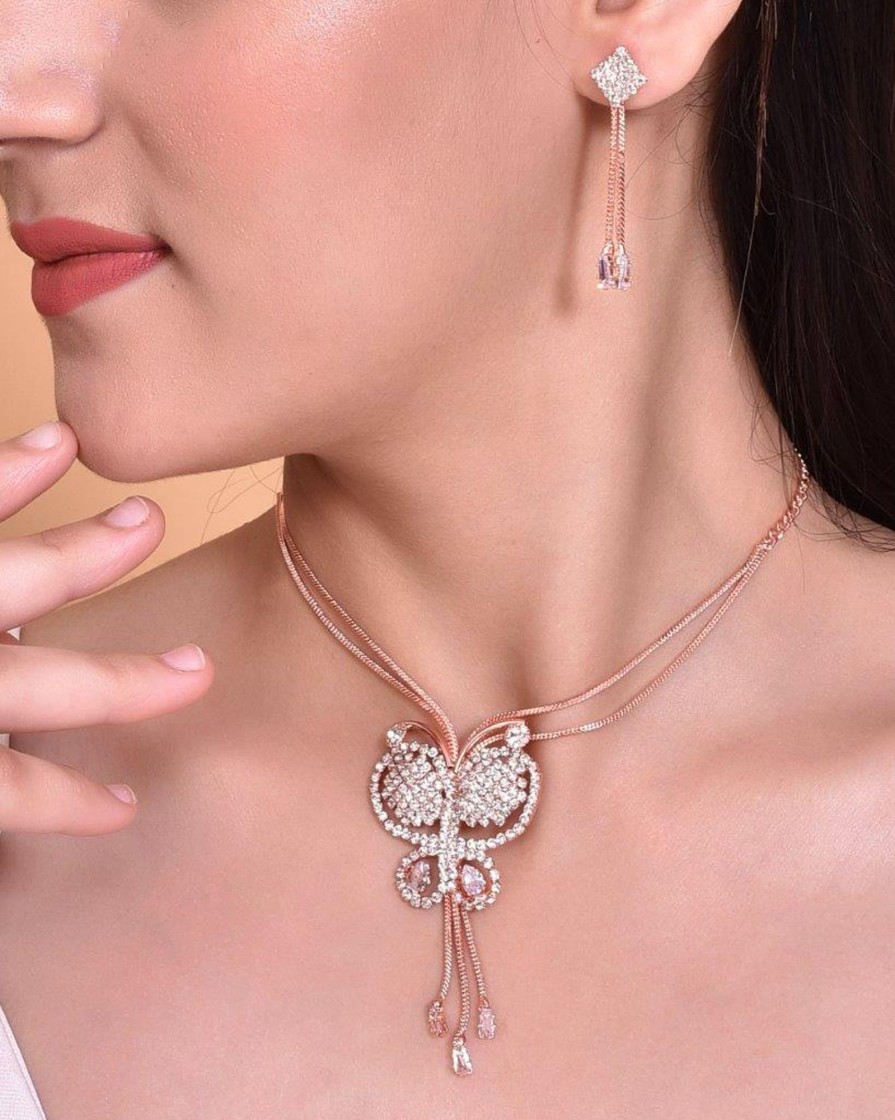 Jewellery VOJ | Rose Gold Plated Butterfly Design Pendant Set - Voj Multi Color