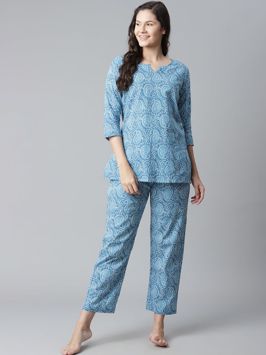 Women NOZ2TOZ | Women'S Blue Printed Cotton Nightwear - Noz2Toz