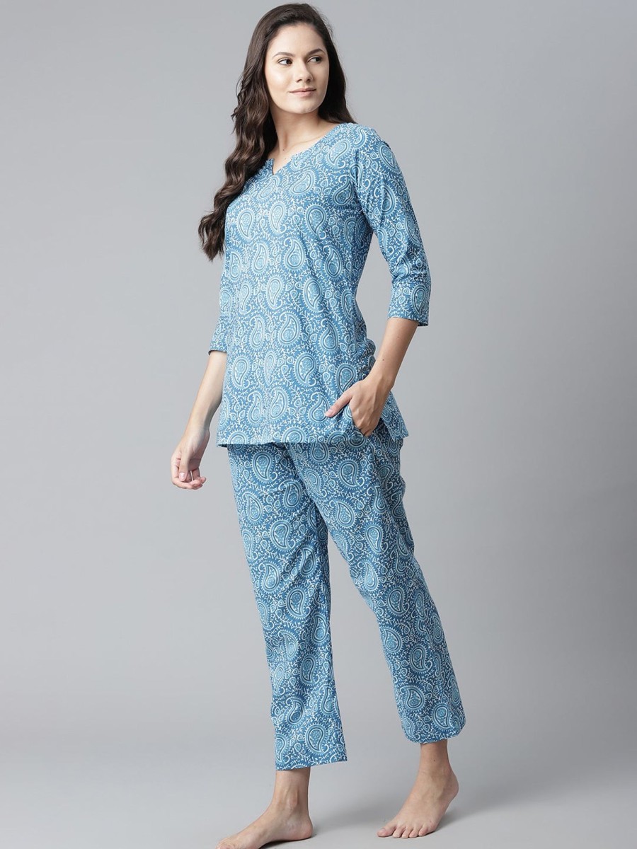 Women NOZ2TOZ | Women'S Blue Printed Cotton Nightwear - Noz2Toz