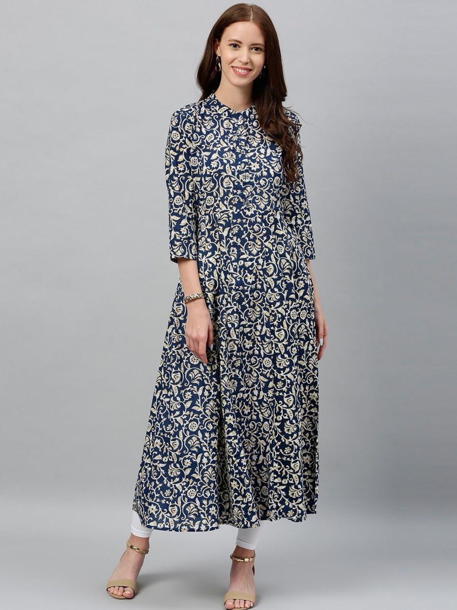 Women Kipek | Women'S Blue Printed Cotton Kurta By Kipek (1 Pc Set) Navy