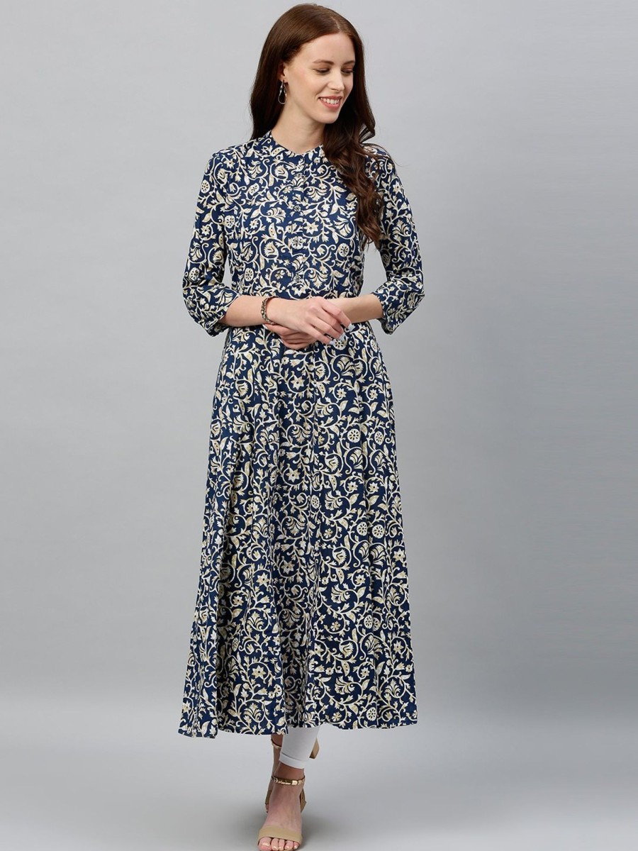 Women Kipek | Women'S Blue Printed Cotton Kurta By Kipek (1 Pc Set) Navy