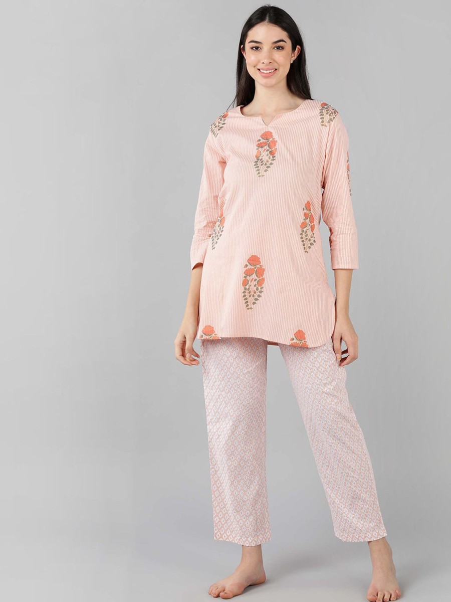 Women Ahika | Women'S Cotton Floral Printed Night Suit - Ahika Peach