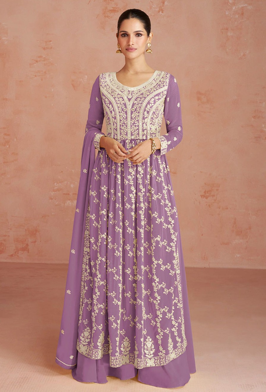 Women Monjolika | Women'S Color Faux Georgette Embroidered Semi Stitched Palazzo Suit - Monjolika Lavender