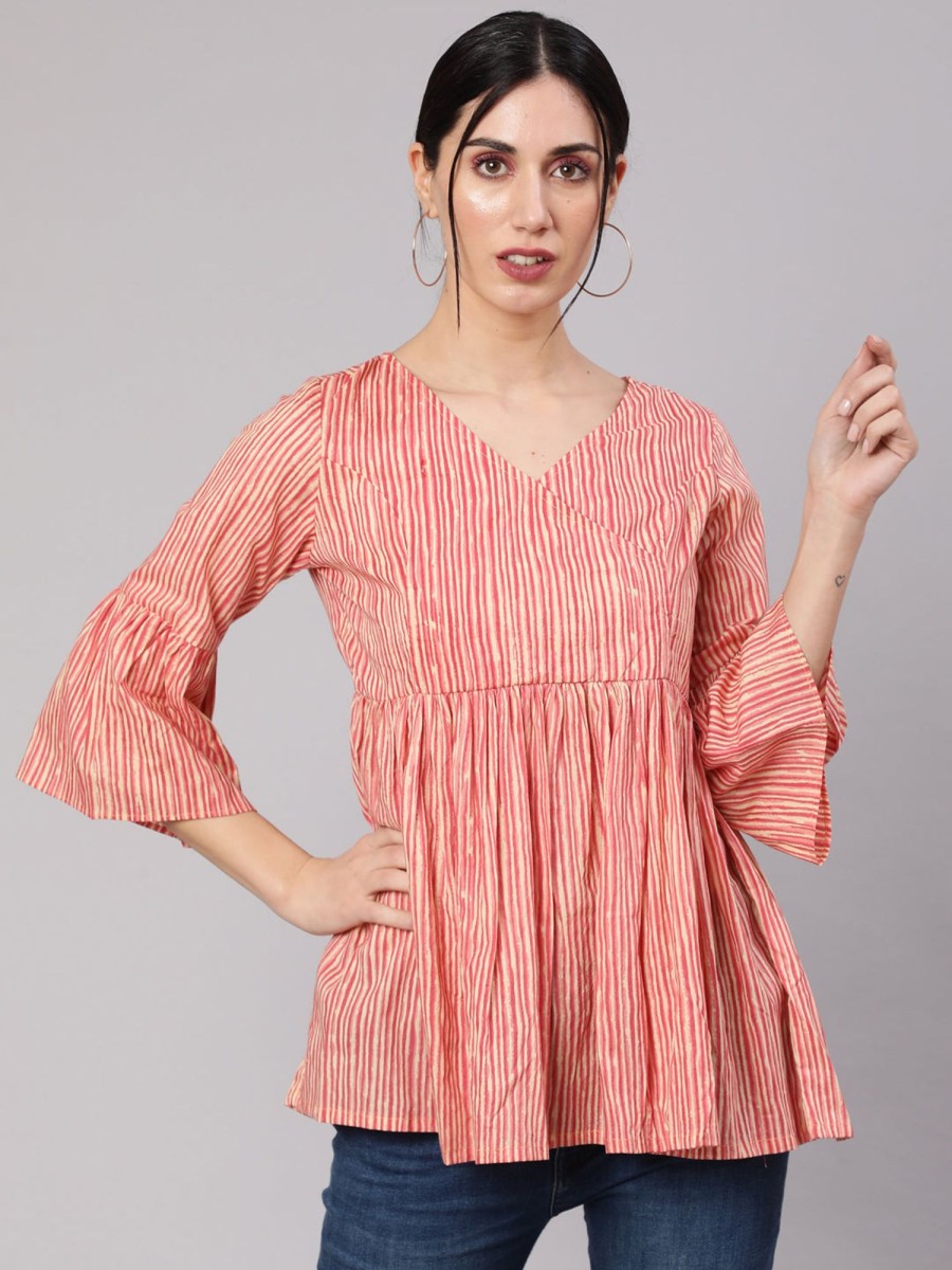 Women AKS | Women'S U0026 Rust Striped Gathered Tunic - Aks Cream