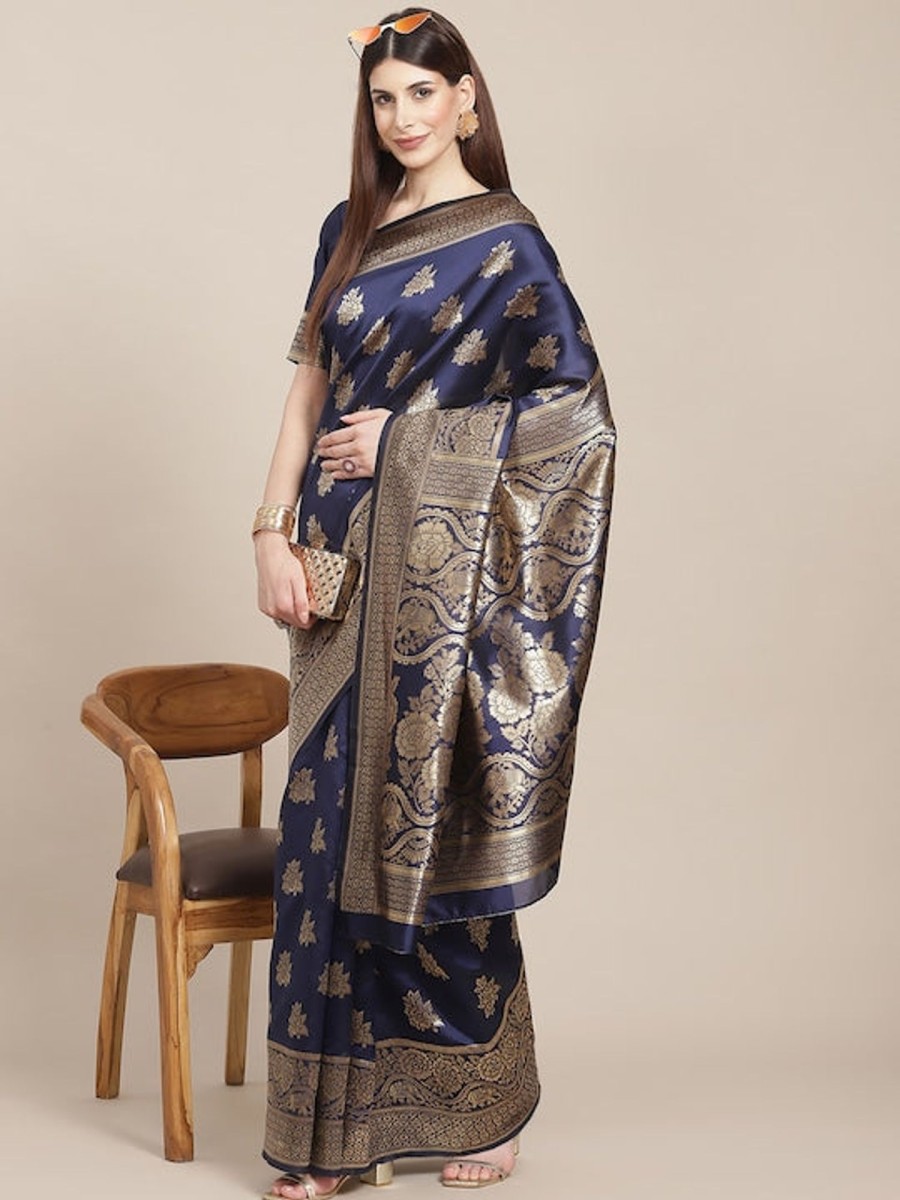 Women Varanga | Women'S Gold:: Color Banarasi Silk Saree With Blouse - Varanga Blue