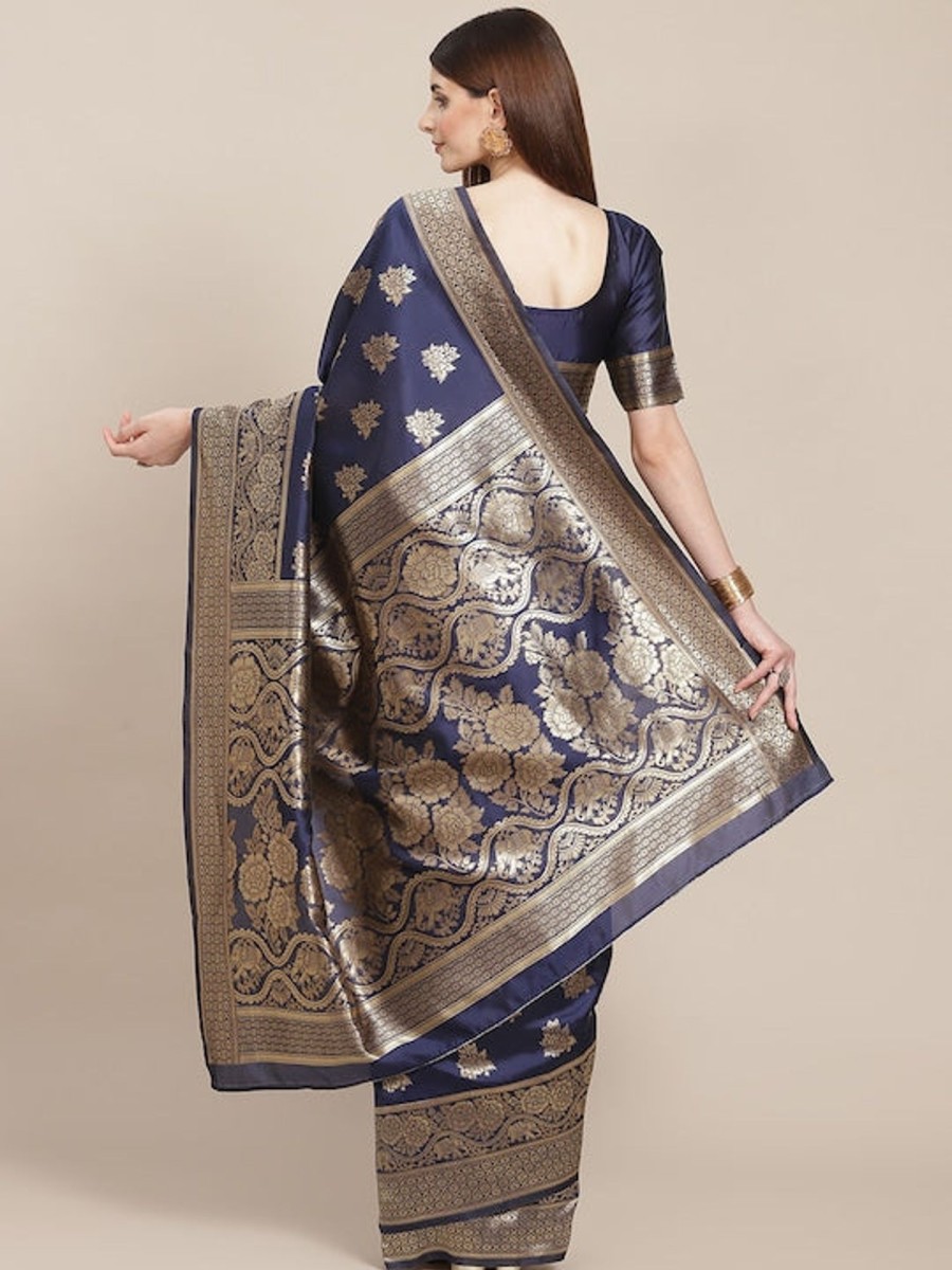 Women Varanga | Women'S Gold:: Color Banarasi Silk Saree With Blouse - Varanga Blue