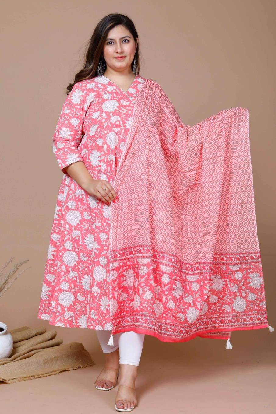 Women Miravan | Women'S Plus Size Cotton Floral Print Anarkali Kurta With Dupatta - Miravan Pink