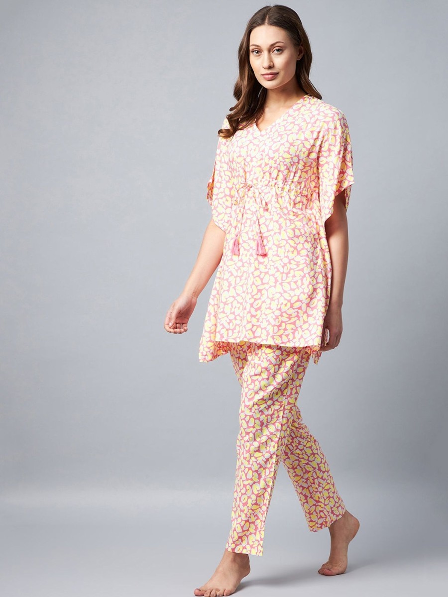 Women StyleStone | Women'S Floral Printed Kaftan Set - Stylestone Yellow