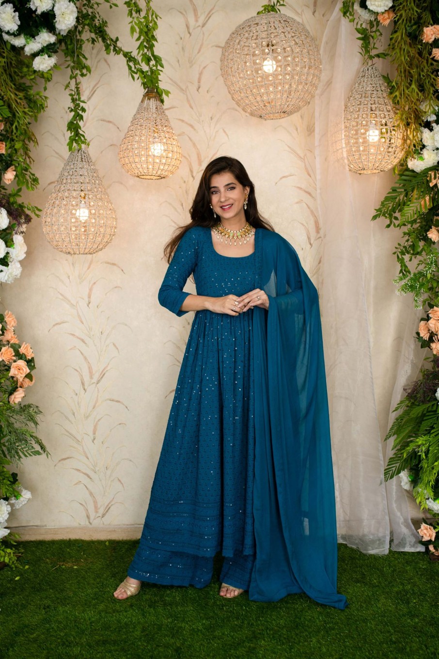 Women Label Shaurya Sanadhya | Women'S Teal Blue Anarkali With Palazzo - Label Shaurya Sanadhya