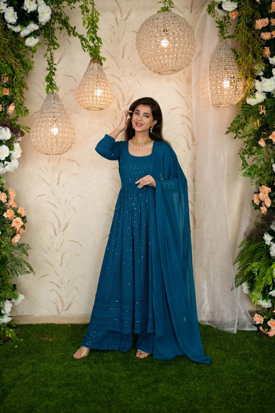 Women Label Shaurya Sanadhya | Women'S Teal Blue Anarkali With Palazzo - Label Shaurya Sanadhya