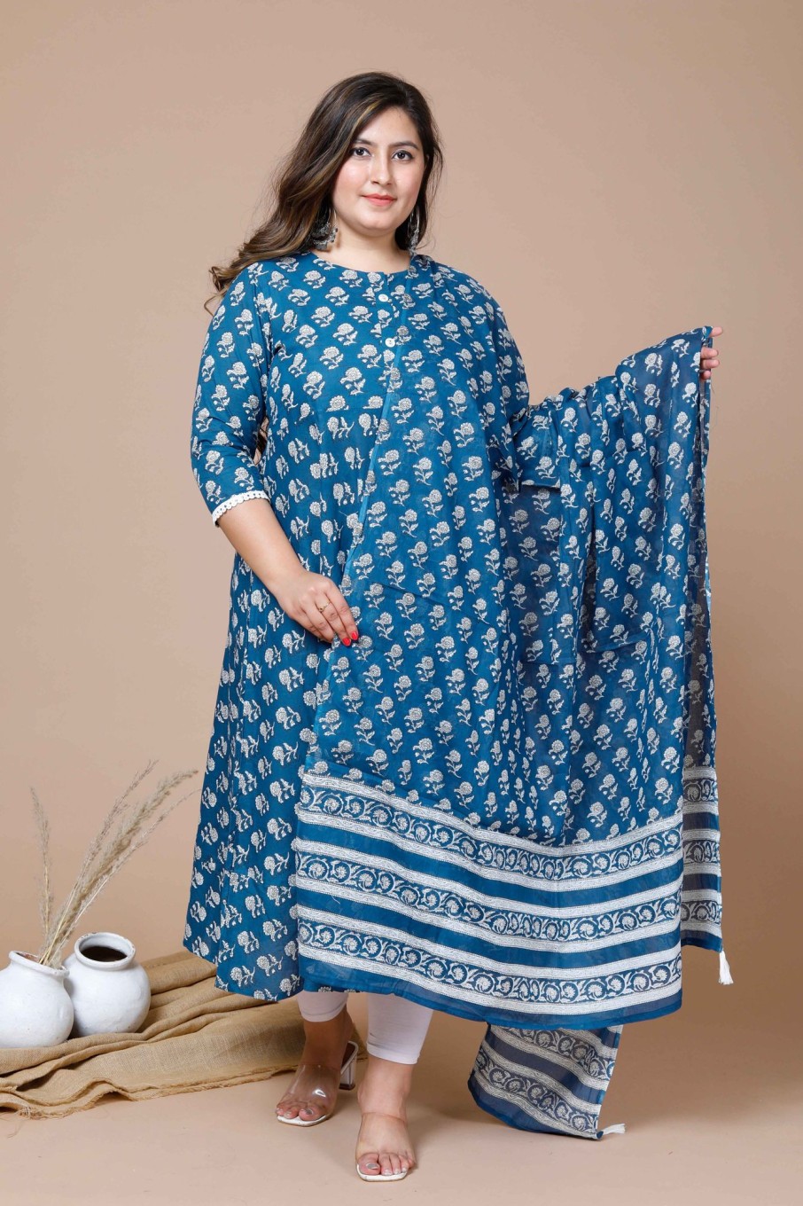 Women Miravan | Women'S Plus Size Printed Anarkali Kurta With Dupatta - Miravan Blue