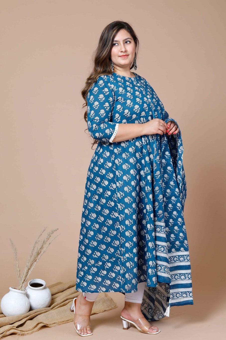 Women Miravan | Women'S Plus Size Printed Anarkali Kurta With Dupatta - Miravan Blue