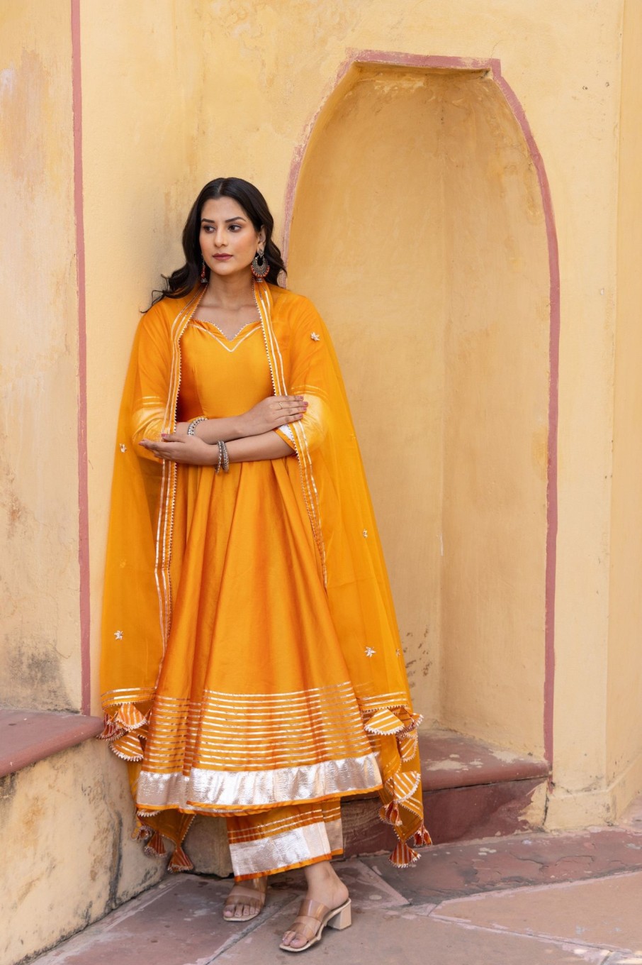 Women Pomcha Jaipur | Women'S Amber Taffeta Silk Anarkali Set - Pomcha Jaipur Orange