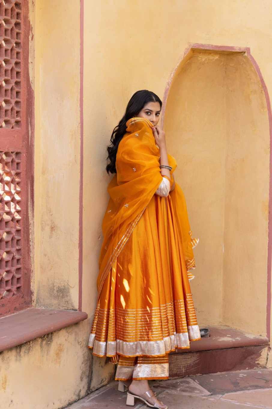 Women Pomcha Jaipur | Women'S Amber Taffeta Silk Anarkali Set - Pomcha Jaipur Orange