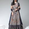 Women Phenav | Women'S Floral Printed Embroidered Pleated Silk Fit Flare Ethnic Gown With Dupatta - Phenav Grey