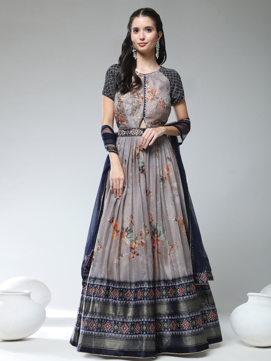 Women Phenav | Women'S Floral Printed Embroidered Pleated Silk Fit Flare Ethnic Gown With Dupatta - Phenav Grey