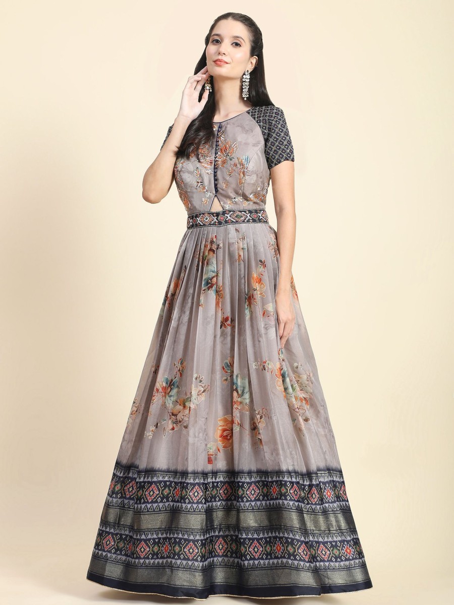 Women Phenav | Women'S Floral Printed Embroidered Pleated Silk Fit Flare Ethnic Gown With Dupatta - Phenav Grey