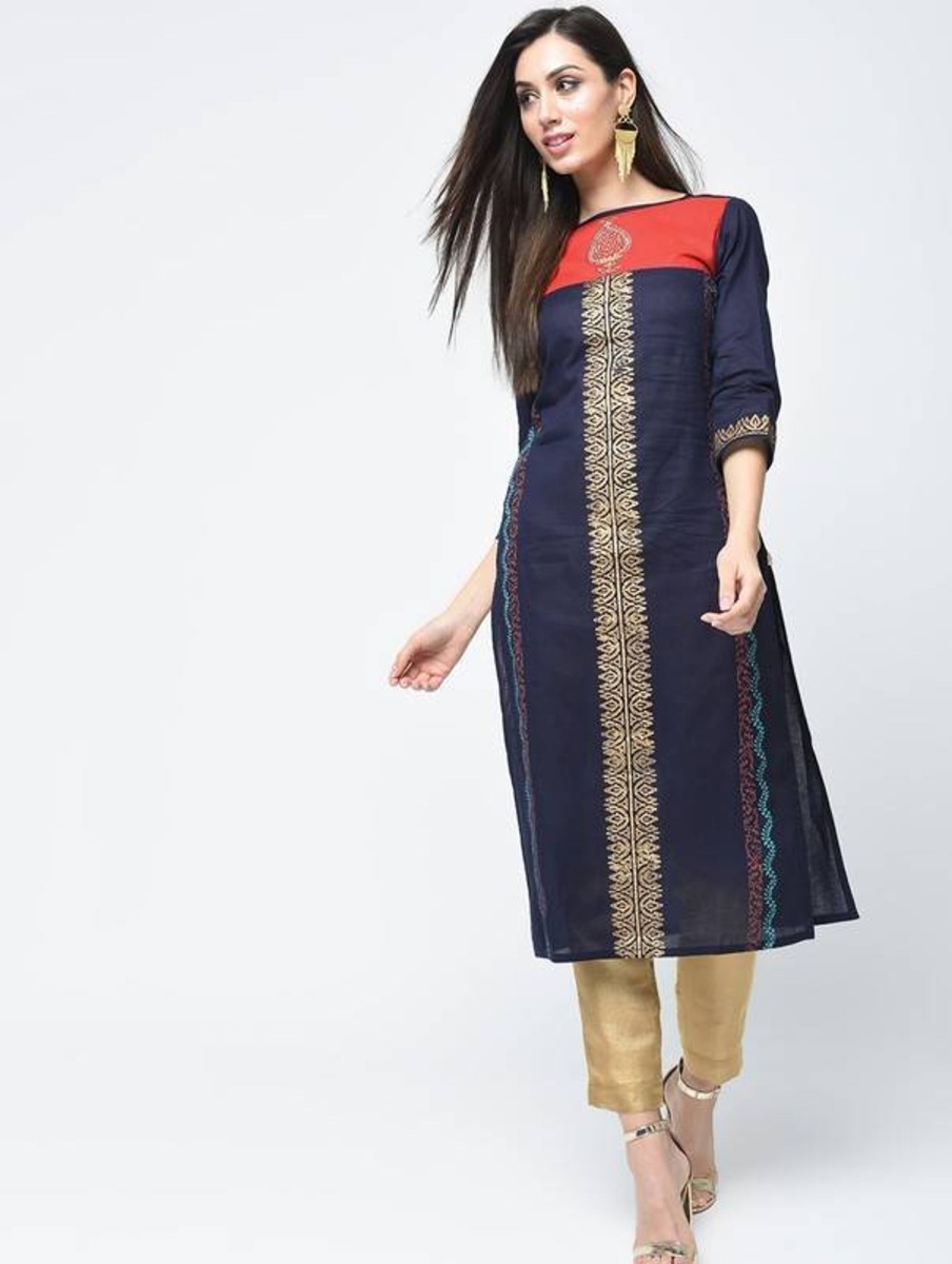 Women Aniyah | Women'S Block Printed Straight Kurta - Aniyah Blue