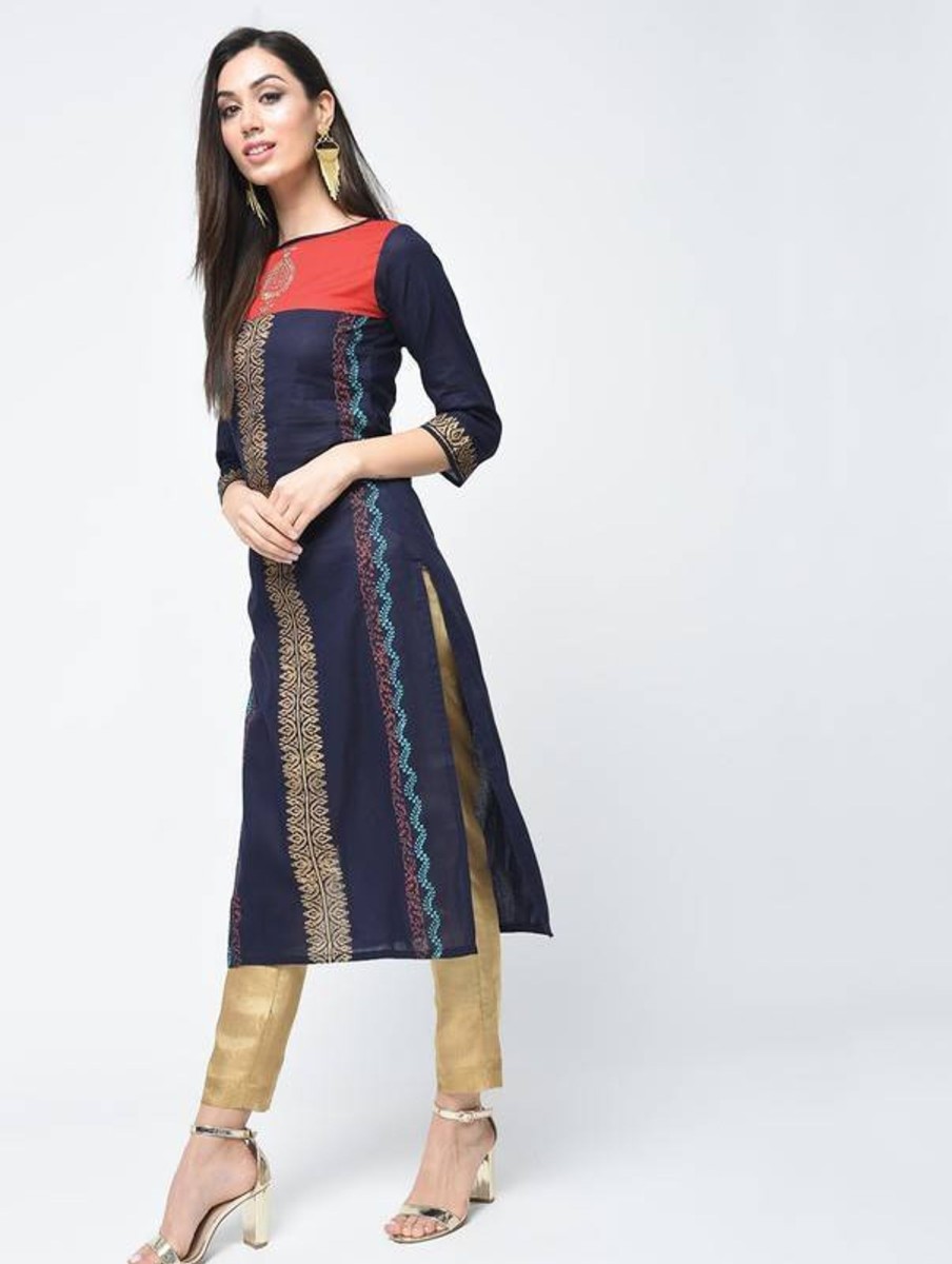 Women Aniyah | Women'S Block Printed Straight Kurta - Aniyah Blue