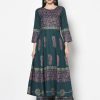 Women Aniyah | Women'S Teal Blue Rayon Block Print Anarkali Kurta - Aniyah