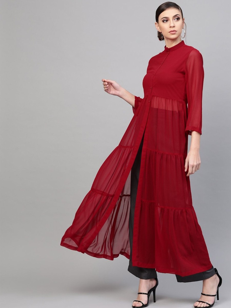 Women SASSAFRAS | Women'S Red Front Open Sheer Tiered Maxi Top - Sassafras