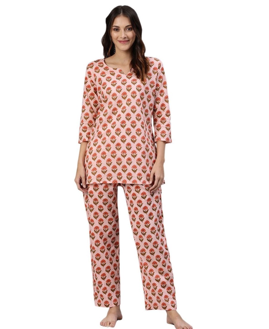 Women NOZ2TOZ | Women'S Pink Cotton Loungewear /Nightwear Set - Noz2Toz