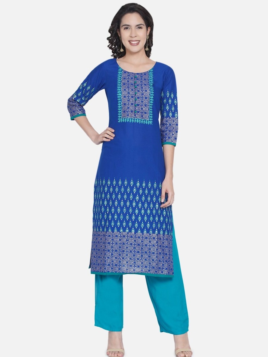 Women NOZ2TOZ | Women'S Blue Ajrakh Hand Block Cotton Printed Straight Kurta - Noz2Toz