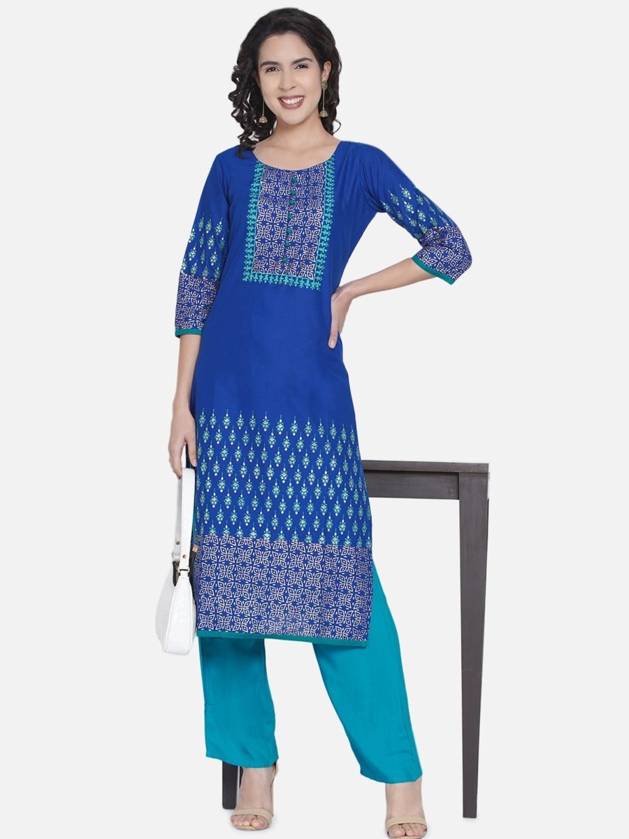 Women NOZ2TOZ | Women'S Blue Ajrakh Hand Block Cotton Printed Straight Kurta - Noz2Toz