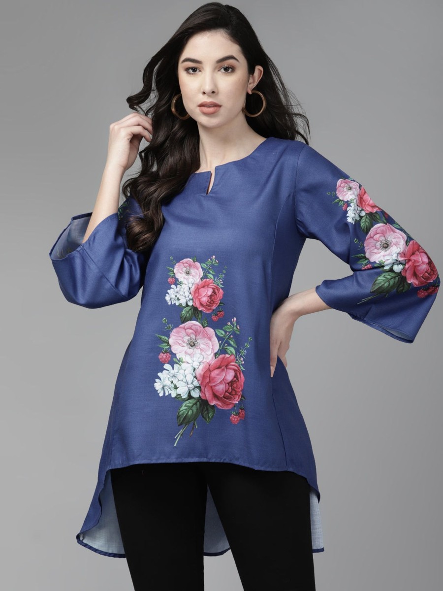 Women Bhama Couture USA | Blue U0026 Pink Printed High-Low Tunic - Bhama Couture Usa