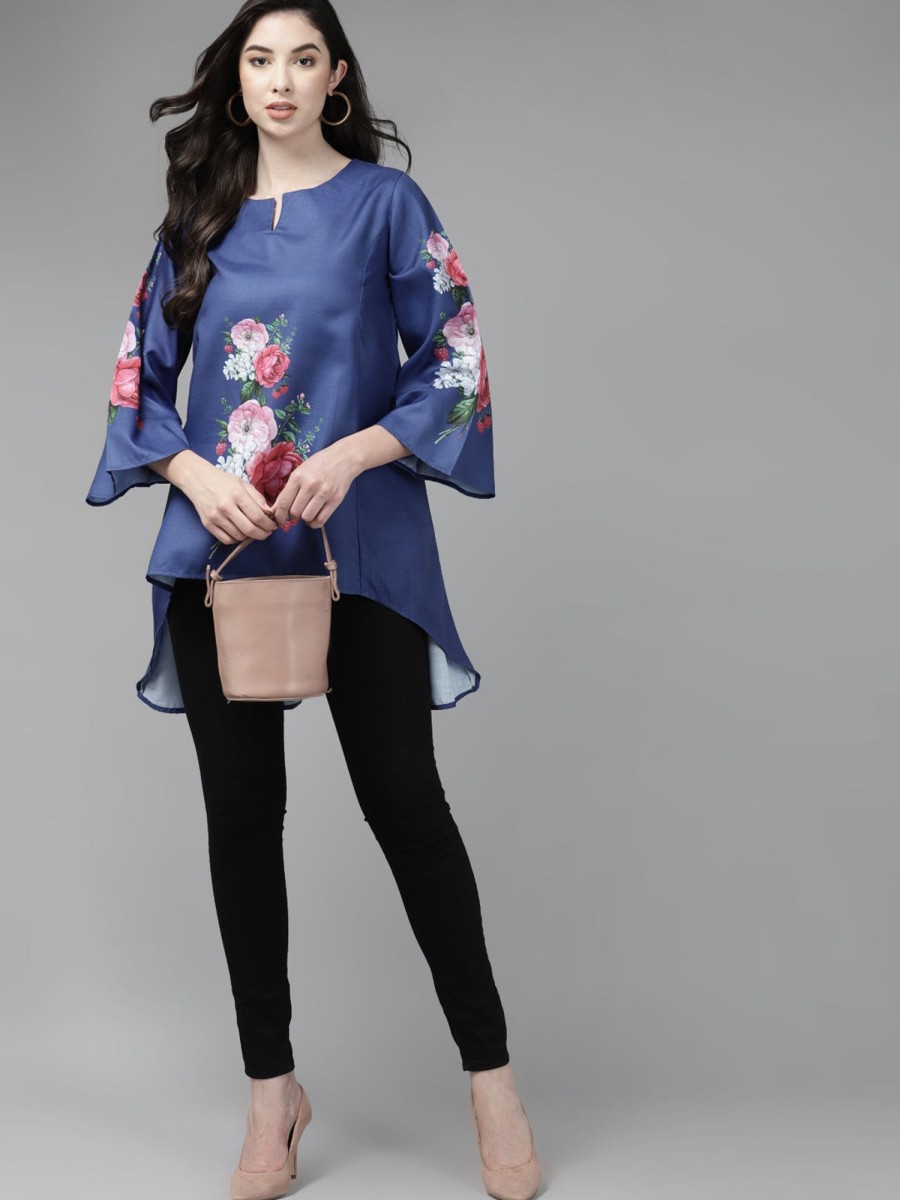 Women Bhama Couture USA | Blue U0026 Pink Printed High-Low Tunic - Bhama Couture Usa