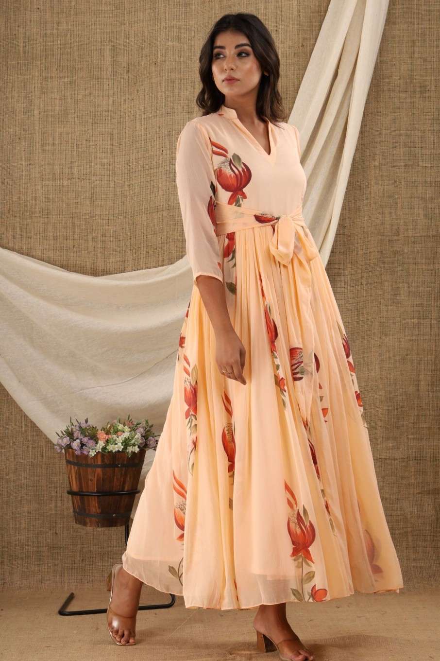 Women SARAS THE LABEL | Women'S Peach Anarkali Dress (1Pc) - Saras The Label