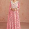 Women Monjolika | Women'S Salmon Color Faux Georgette Embroidered Semi Stitched Palazzo Suit - Monjolika Pink