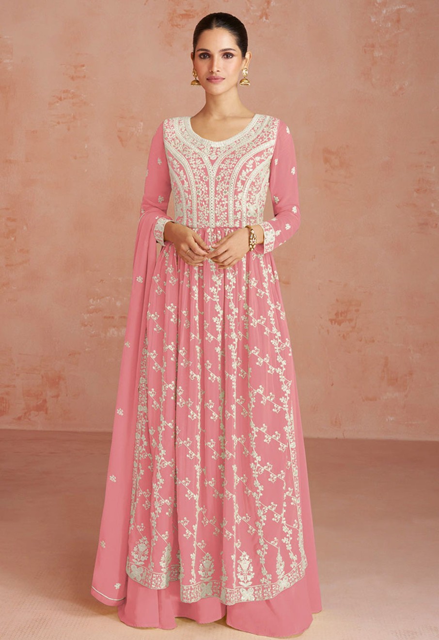 Women Monjolika | Women'S Salmon Color Faux Georgette Embroidered Semi Stitched Palazzo Suit - Monjolika Pink