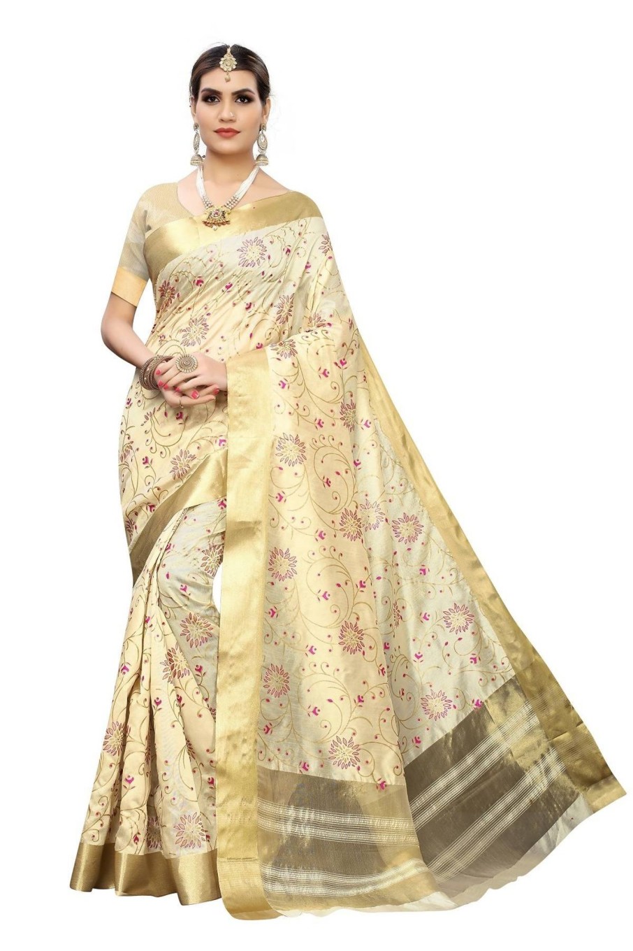 Women Vamika | Women'S Vamika Weaving Cotton Polyester Silk Saree Kearala Floral - Vamika Cream