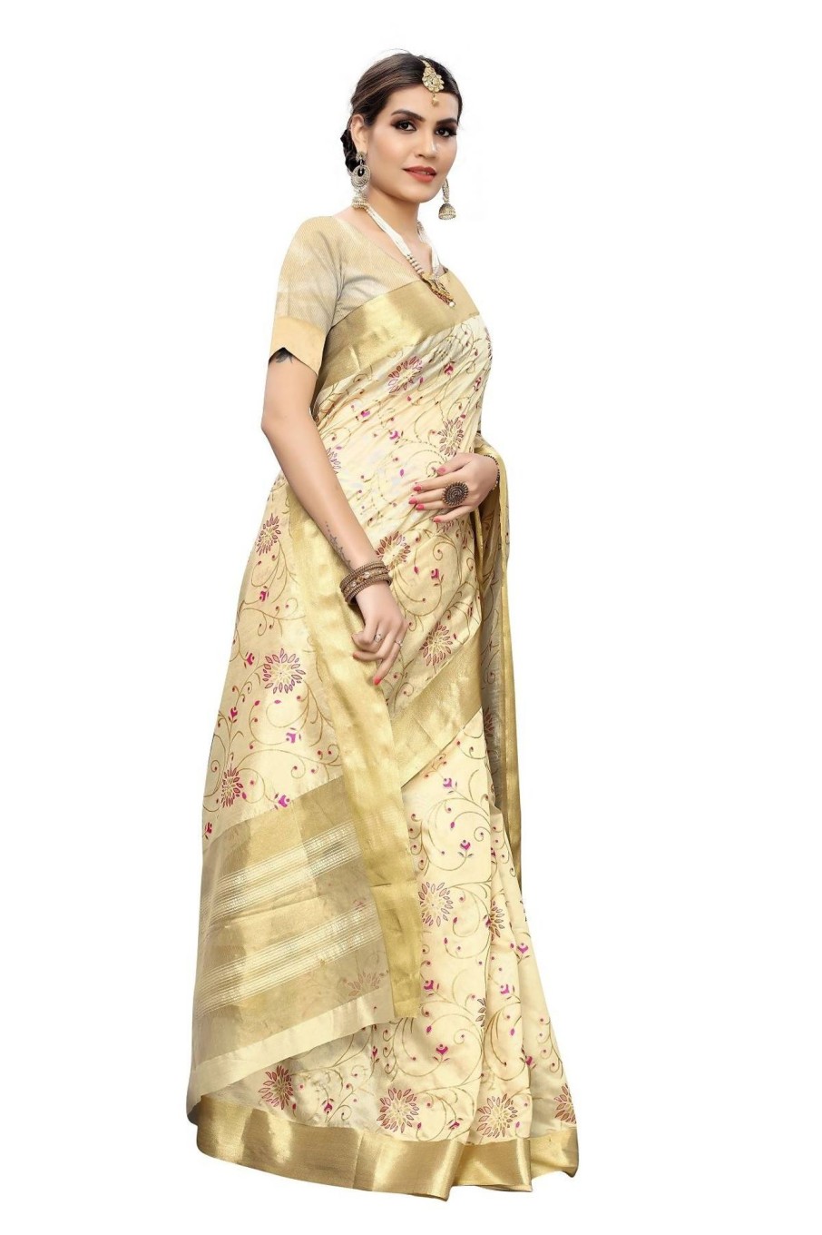 Women Vamika | Women'S Vamika Weaving Cotton Polyester Silk Saree Kearala Floral - Vamika Cream