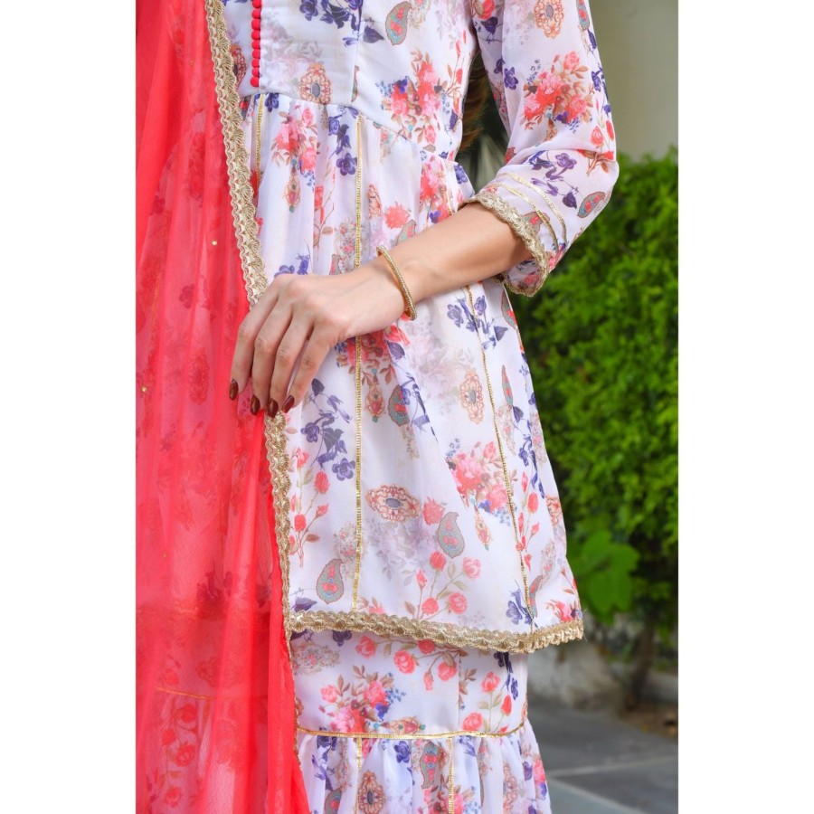 Women Rangpur | Women'S Floral Sharara Set With Dupatta - Rangpur White